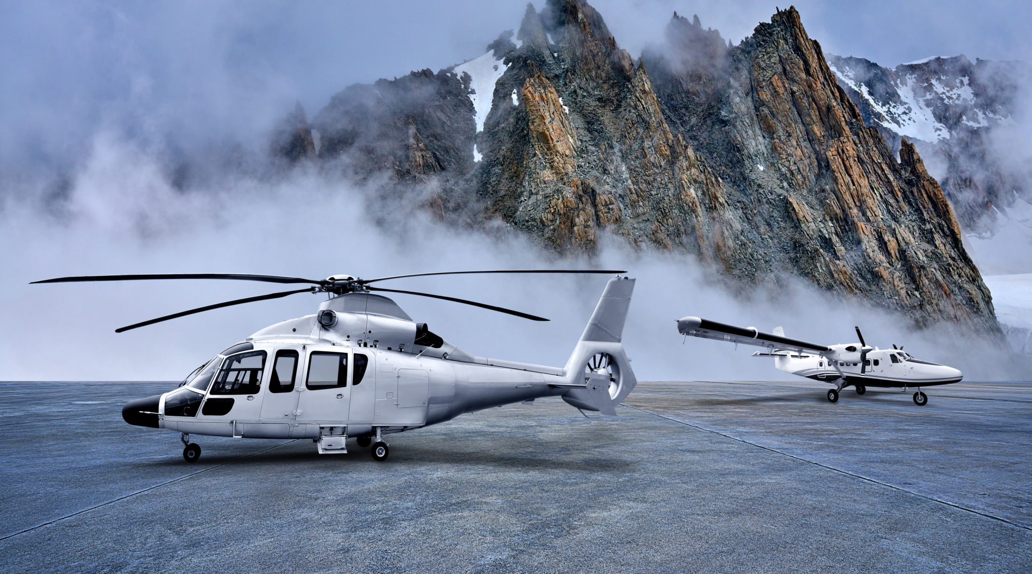 Helicopter and Plane with Mountain Background